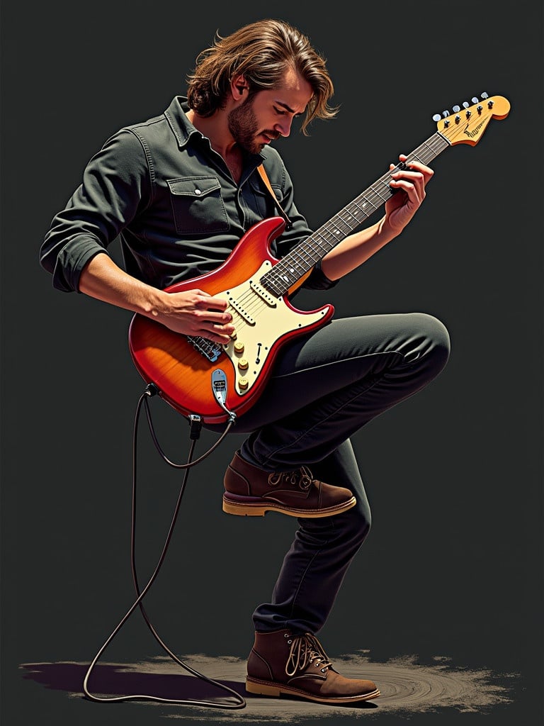 A guitarist plays an electric guitar. The musician stands in a dynamic pose. The image shows a close-up of the performance. The scene captures the essence of rock music.