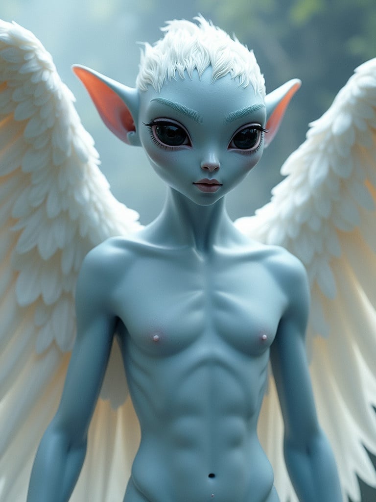 Elven figure with pale blue skin and large black eyes stands confidently. Character features massive feathered wings. The figure has pointy ears. The setting has a mystical and ethereal ambiance.