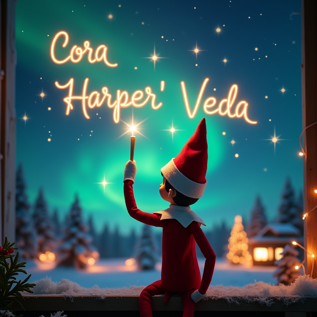 This image depicts an enchanting Christmas scene featuring an elf on the shelf. The elf, dressed in traditional red and white attire, is seen from the back, gazing up. He holds a magic wand, writing names like 'Cora', 'Harper', and 'Veda' in glowing script against a sky lit by vibrant northern lights. The atmosphere is magical and festive, embodying the spirit of Christmas. Snow-covered trees and warm lights in the background enhance the whimsical feel of the holiday season. The scene evokes feelings of wonder, excitement, and joy, perfect for the festive time of year.