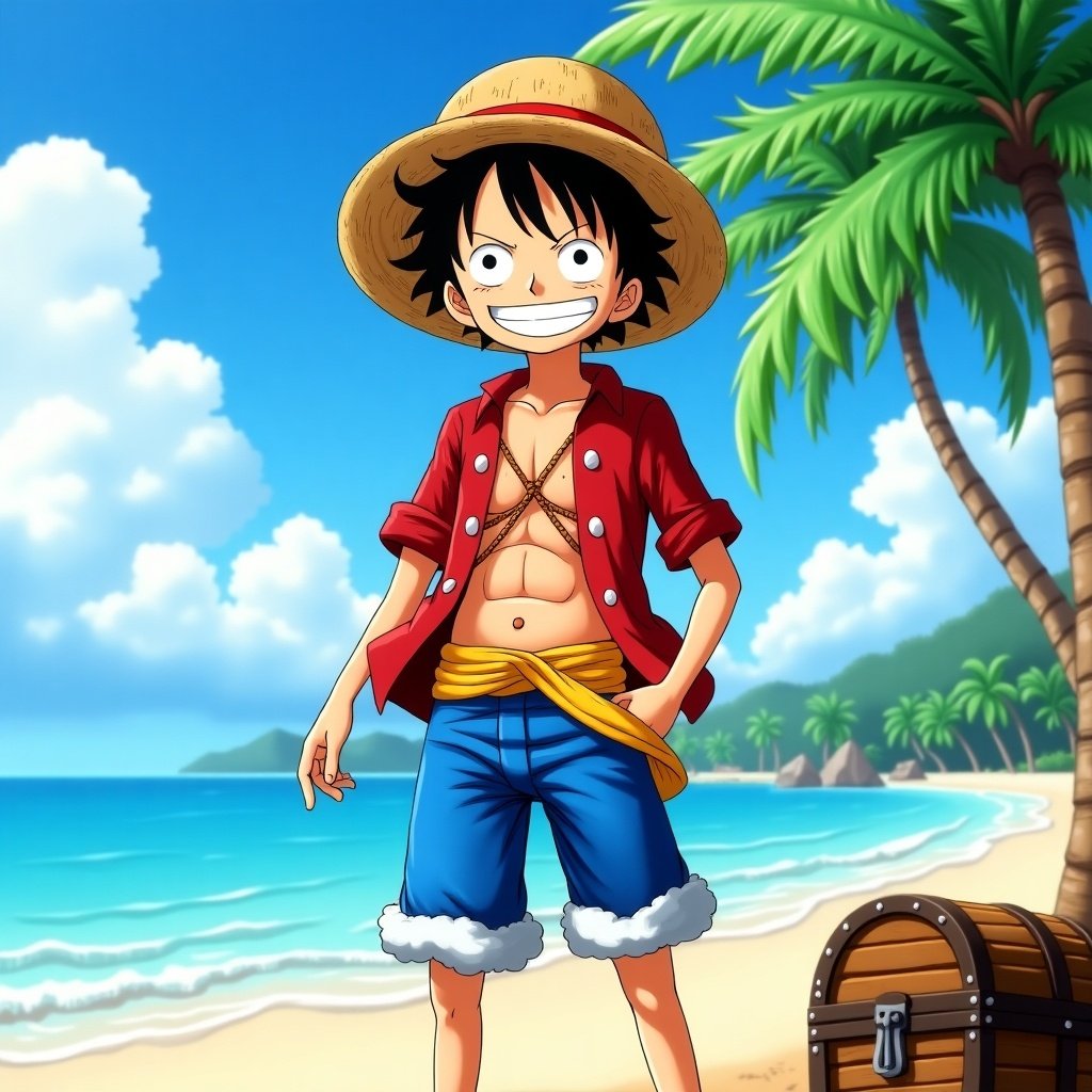 Monkey D. Luffy character on a beach. Bright sunny day with palm trees and a treasure chest. Luffy is smiling and wearing casual pirate attire.