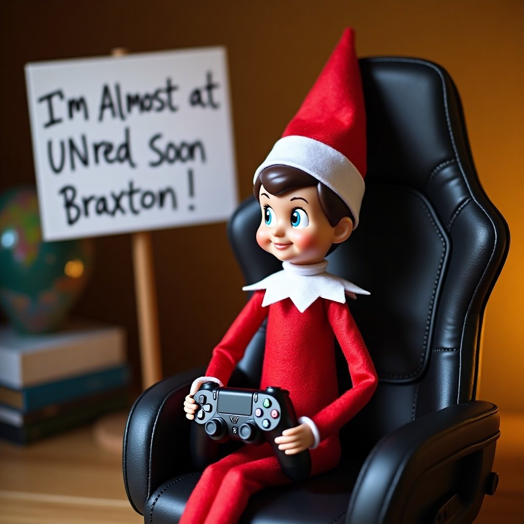 An elf character sitting on a gaming chair holding a controller. A sign next to the elf displays a message regarding being at Unreal soon.