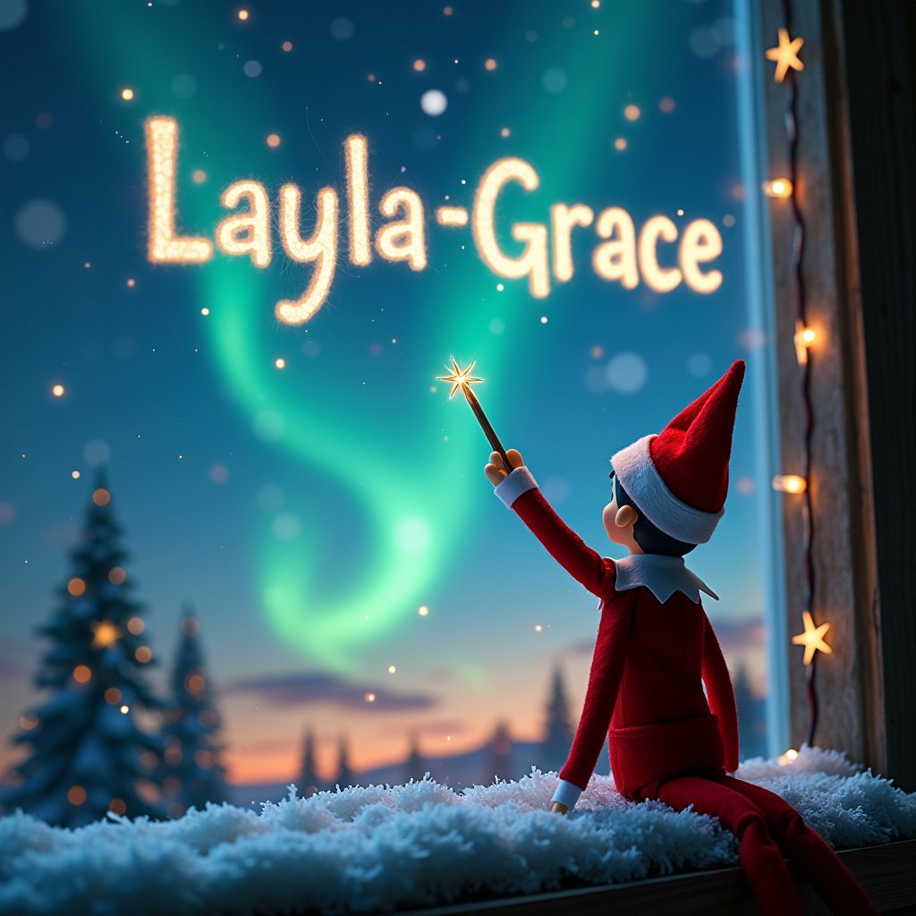 Elf on the shelf facing the sky. Elf using a wand to write name in the sky. Magical Christmas background with northern lights. Santa in the scenery.