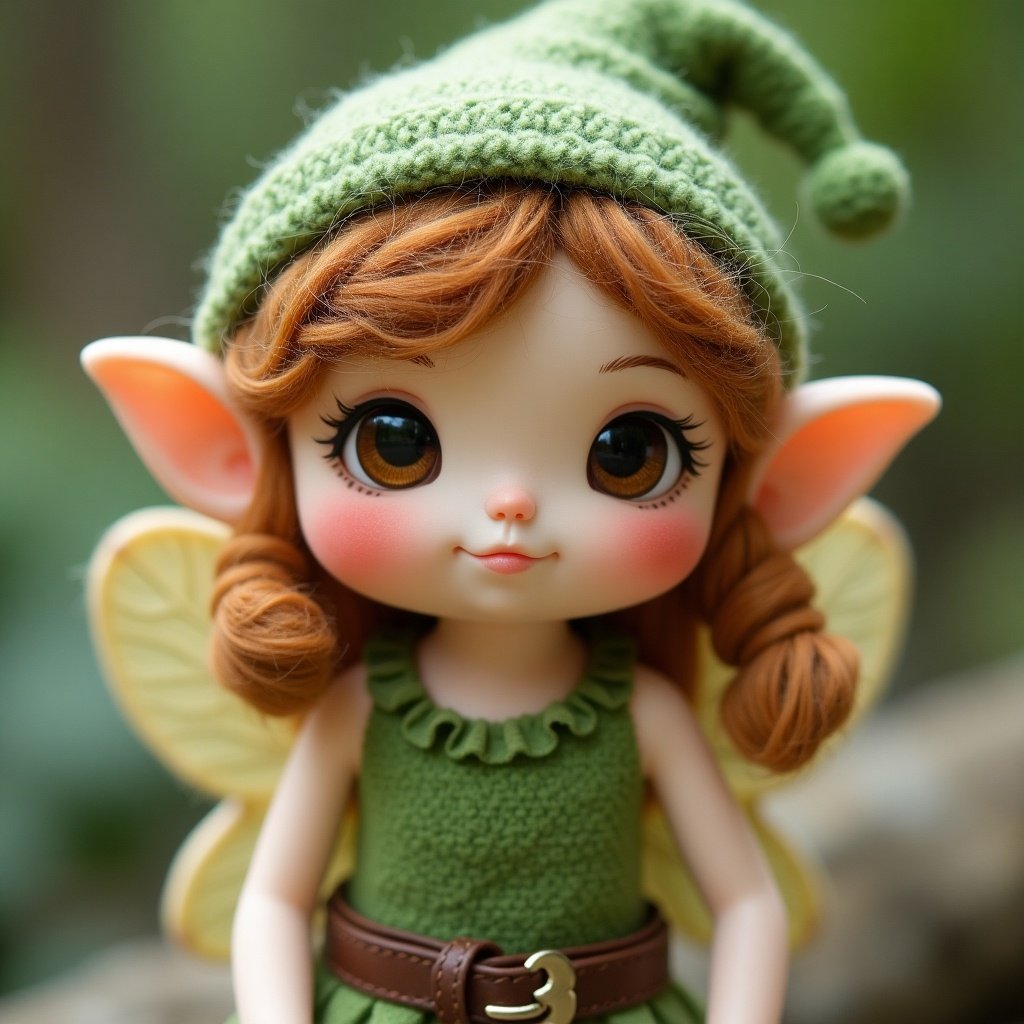 A cute plush fairy with green clothing and accessories. Hair is brown with a freckle on the right cheek. The fairy has large ears and a friendly expression.