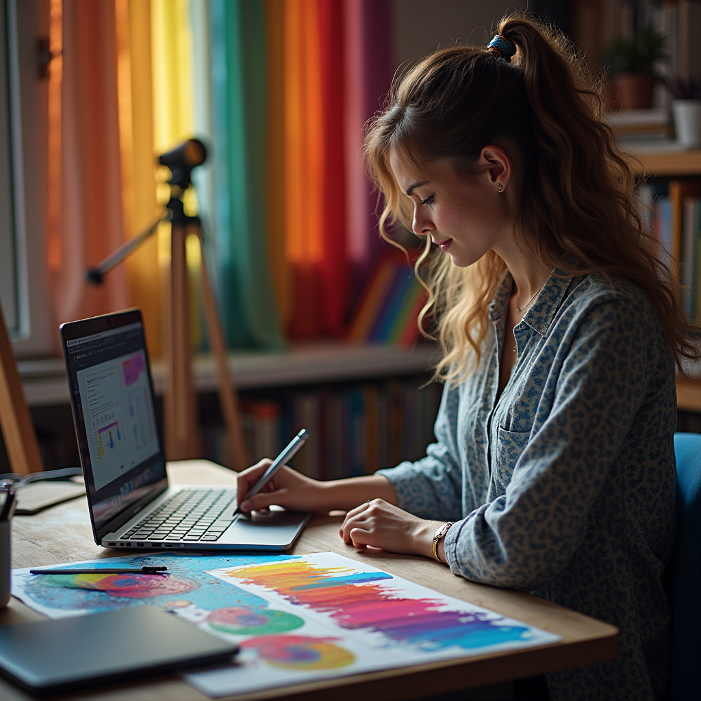 A woman works on a colorful design in a vibrant, rainbow-lit room.