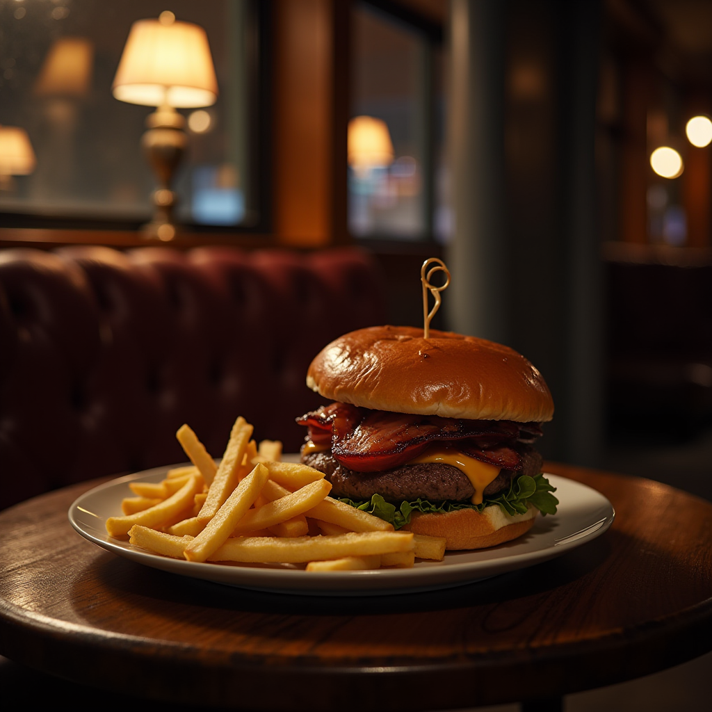 The image depicts a warmly lit diner setting, featuring a delicious-looking bacon cheeseburger served with a side of golden French fries. The burger, placed on a white plate, has a glossy, buttery bun and is secured with a skewer. Crisp lettuce, molten cheese, and perfectly cooked bacon are visible. The background showcases soft, ambient lighting, creating a cozy and inviting atmosphere, with retro-style lamps casting a gentle glow over tufted leather seating.