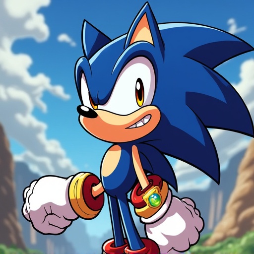 Character design of Rayman reimagined in the style of Sonic X. Blue character with spikes. Displaying confidence and action.