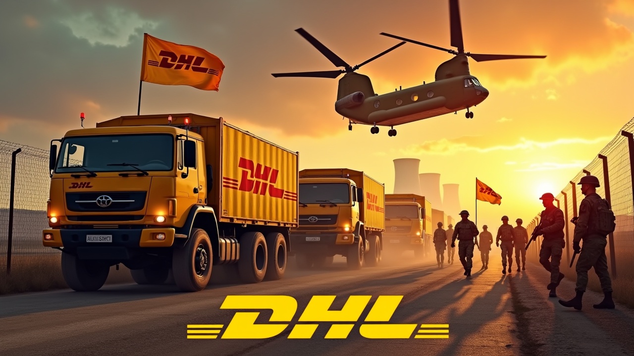 In a dramatic scene, several yellow armoured trucks drive up to a fence. The armoured trucks are painted with the DHL logo. Nearby, several soldiers holding rifles are seen marching together in unison. One soldier stands valiantly holding a flag with the DHL logo. In the background, we can see a nuclear power plant. The sky is illuminated by the fiery sun, and a large Chinook cargo helicopter with the DHL logo flies above, adding to the intensity of the scene. At the bottom, we see the DHL logo, displayed in bold, yellow text.