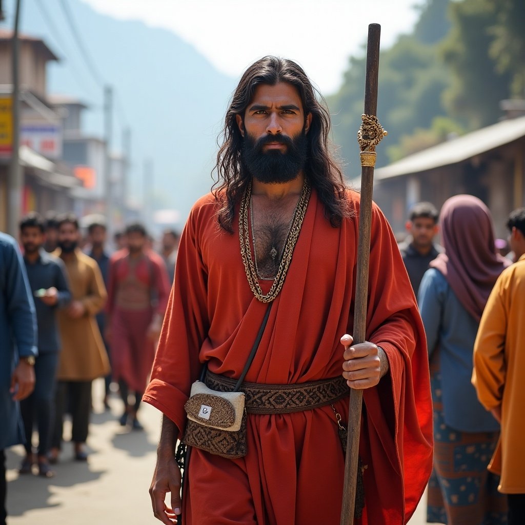 A person resembling Jesus stands in Uttarakhand wearing traditional dress. The individual wears a red garment with a belt. A street in a mountain town is behind the figure. The scene captures cultural roots and spirituality.