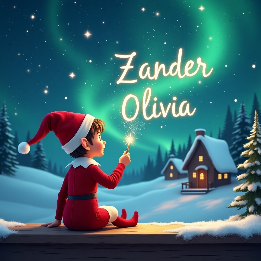 An elf sits on a wooden ledge with its back to the camera, gazing at a magical sky. The elf, dressed in a red outfit with a pointed hat, holds a sparkling wand. With the wand, the elf elegantly writes the names 'Zander', ‘Alexia’ and 'Olivia' in the starry sky. The background features a snowy landscape with charming little houses and evergreen trees under the shimmering Northern Lights. This whimsical scene captures the essence of childhood magic and Christmas cheer.