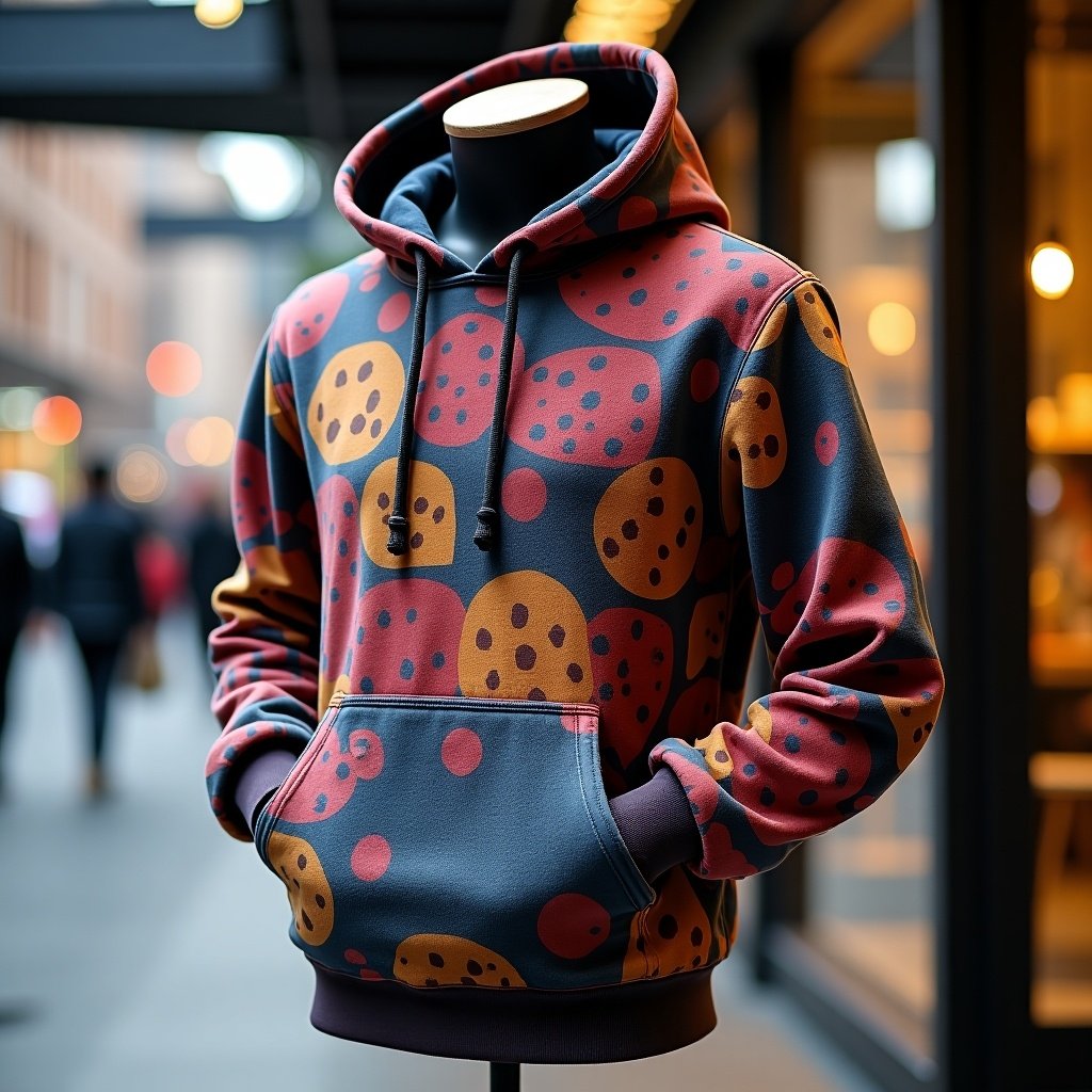 Colorful hoodie with polka dot patterns. Displayed on mannequin in urban setting. Warm lighting highlights the design. Appears trendy and appealing.