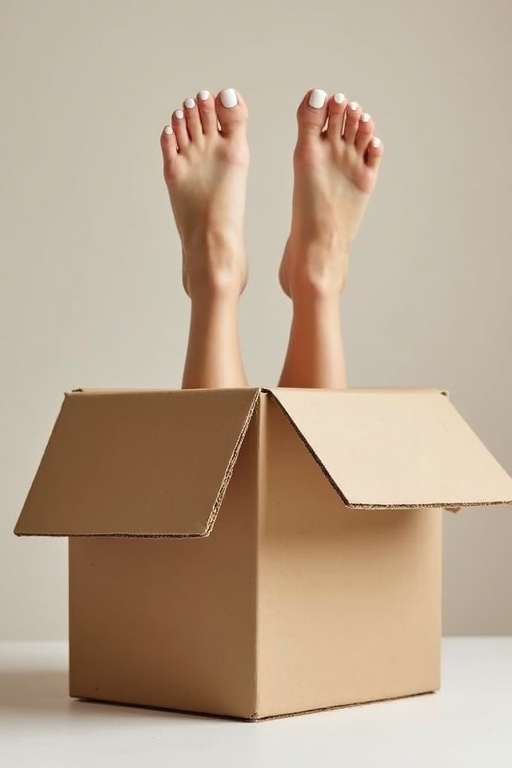 Female feet are protruding from a large cardboard box. The box has open flaps. White nail polish is on the toenails. The background is a simple neutral color. Focus on feet and box structure.