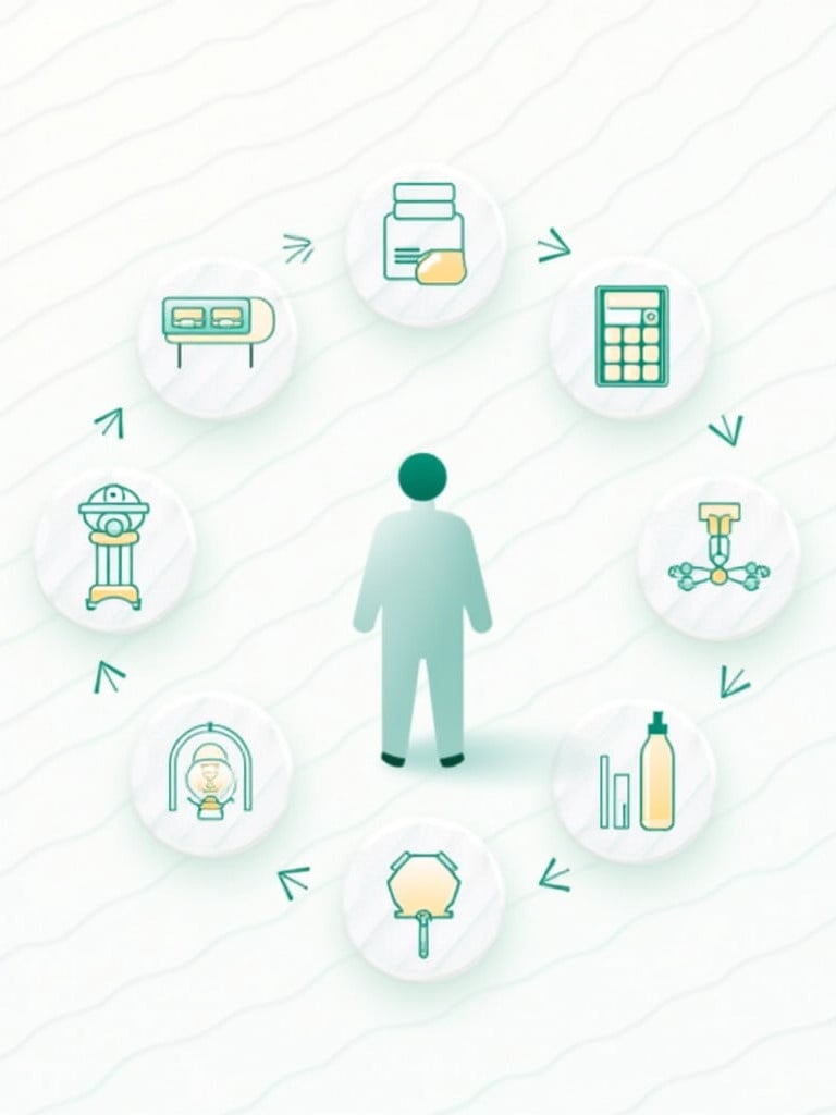 An infographic illustrating a healthcare process. A human figure is in the center surrounded by medical icons representing various steps. The design is clean and modern. Light colors are used throughout the image.