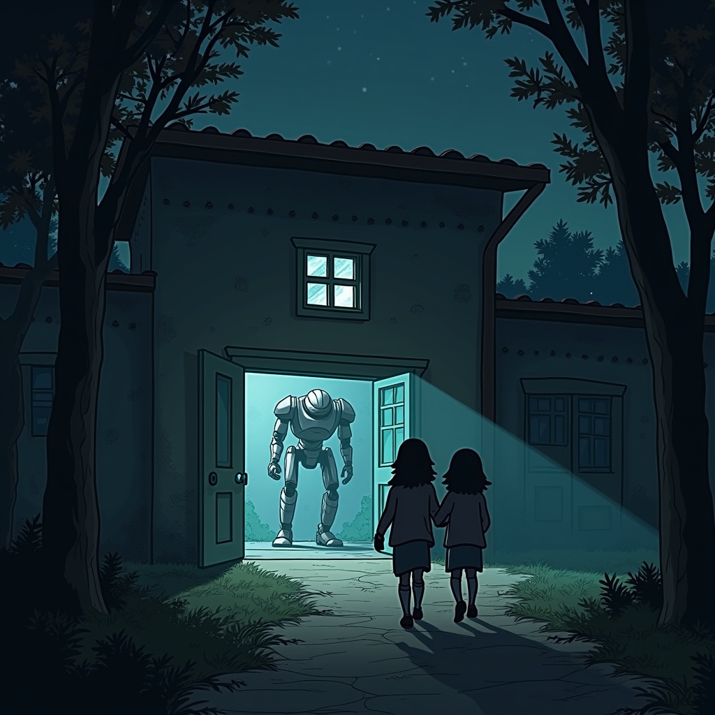 Wide shot of a secret building at night. Two teenagers approaching the secret lab entrance. They are lost in shadows. The robot is emerging from the doorway. A mysterious atmosphere is created