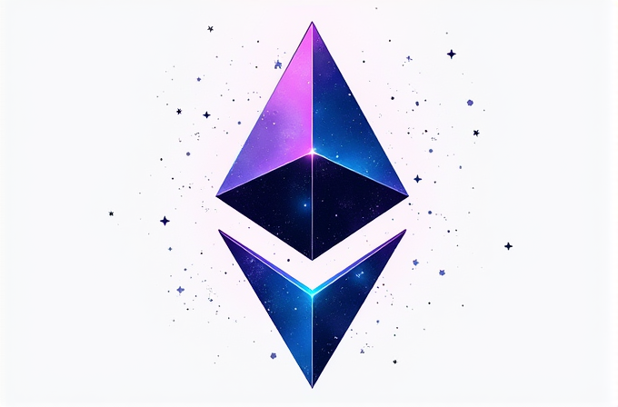 A stylized Ethereum logo with a cosmic galaxy theme and pink and blue gradients, surrounded by star-like specks.