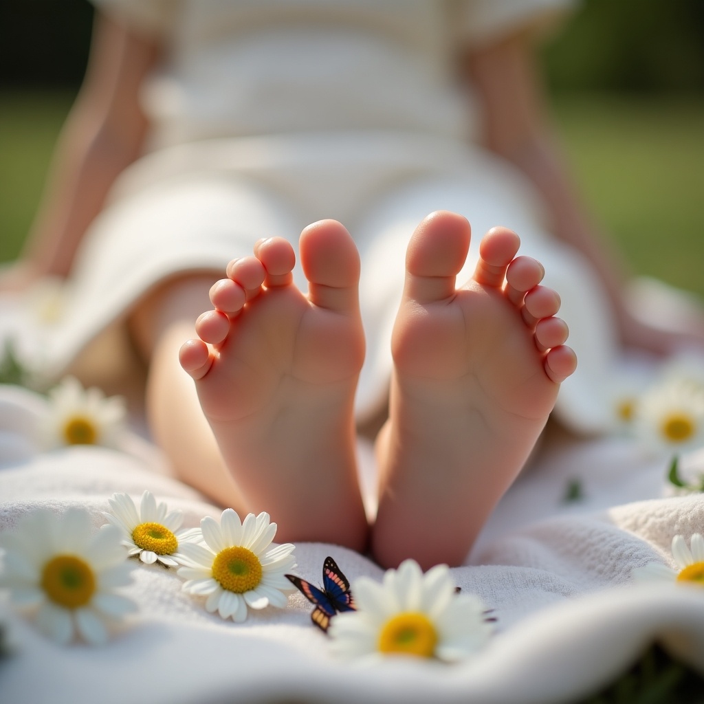 Close-up of young girl's feet in soft lighting. Feet are on a blanket surrounded by flowers and butterflies. Emphasis on natural beauty and care.