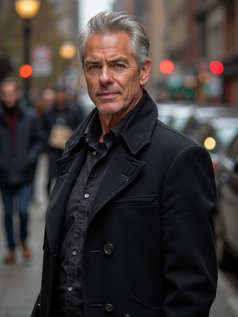 A man wearing a black coat stands confidently on a busy street in a modern city. He has gray hair and wears a buttoned shirt. The surroundings feature blurred figures in casual clothing and cars. Soft, warm lighting enhances the urban environment.