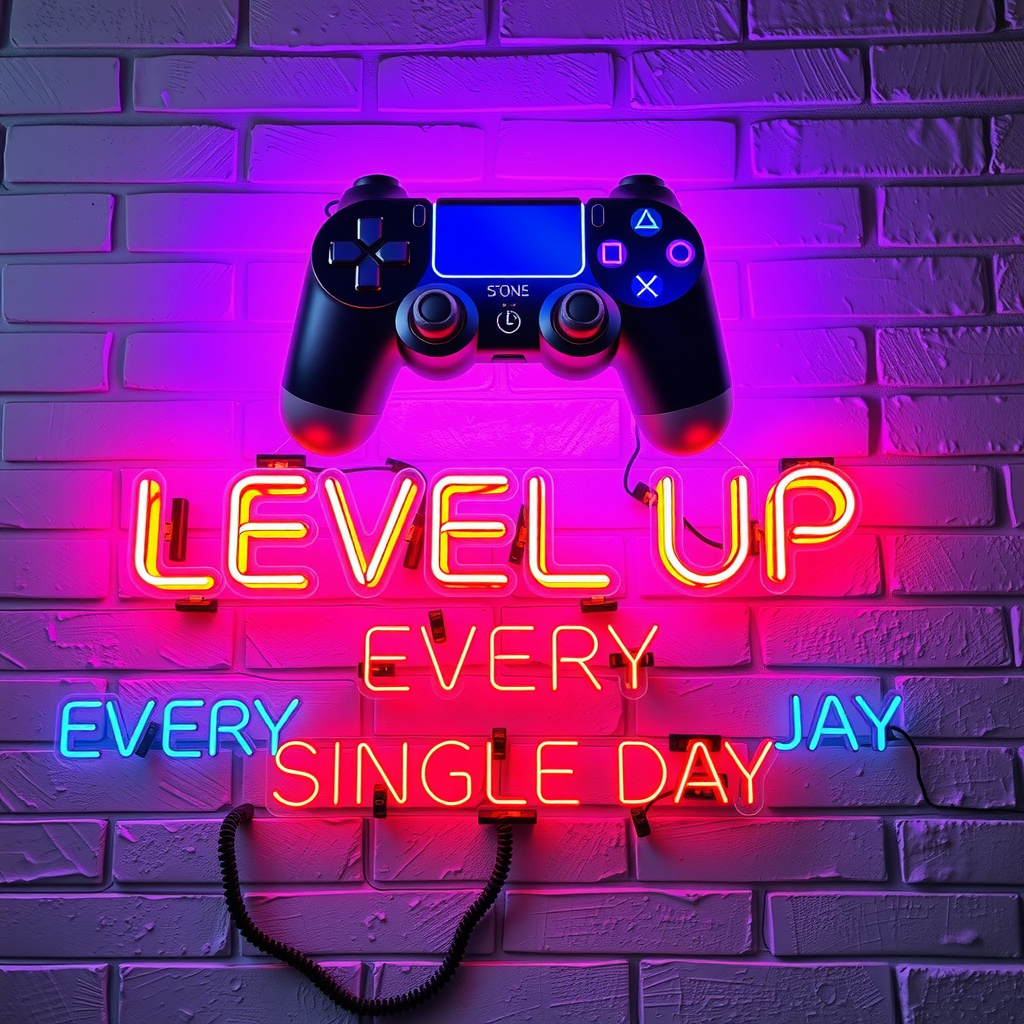 The image features a neon sign against a white brick wall background. At the center, there's a game controller similar to a PlayStation controller. Below it, a series of colorful neon words spell out 'LEVEL UP EVERY SINGLE DAY' in red, blue, and pink neon letters. The vibrant glow from the neon lights creates a contrasting and dynamic effect against the textured brick wall, evoking a retro gaming atmosphere.