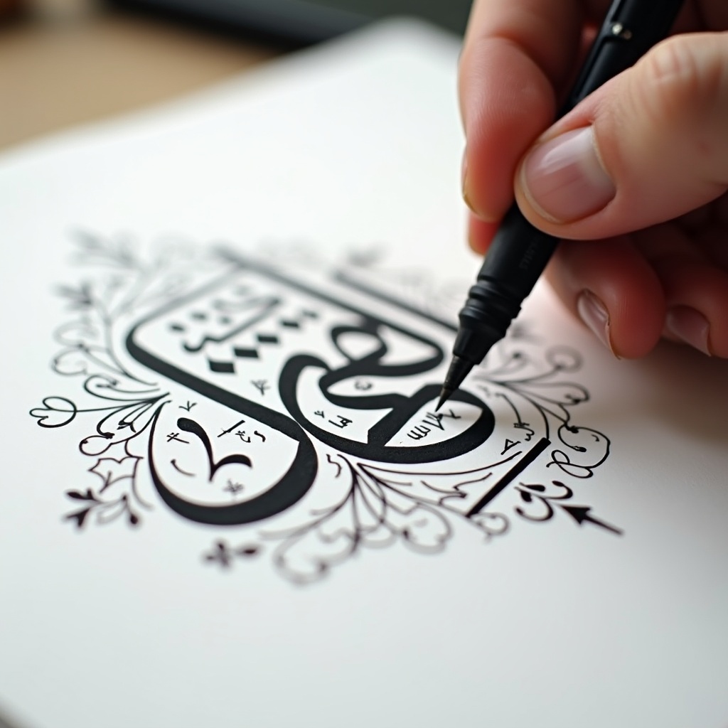 Close-up view of a hand writing Arabic calligraphy with a pen. Focus on the letters and the designs surrounding it. Use of bold black ink on white paper. Hand appears steady and focused. The main word to be written is Alekya. Soft lighting enhances the beauty of the strokes.