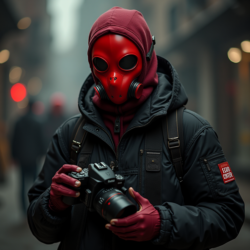 A person wearing a red gas mask and holding a camera, captured in a moody urban setting.