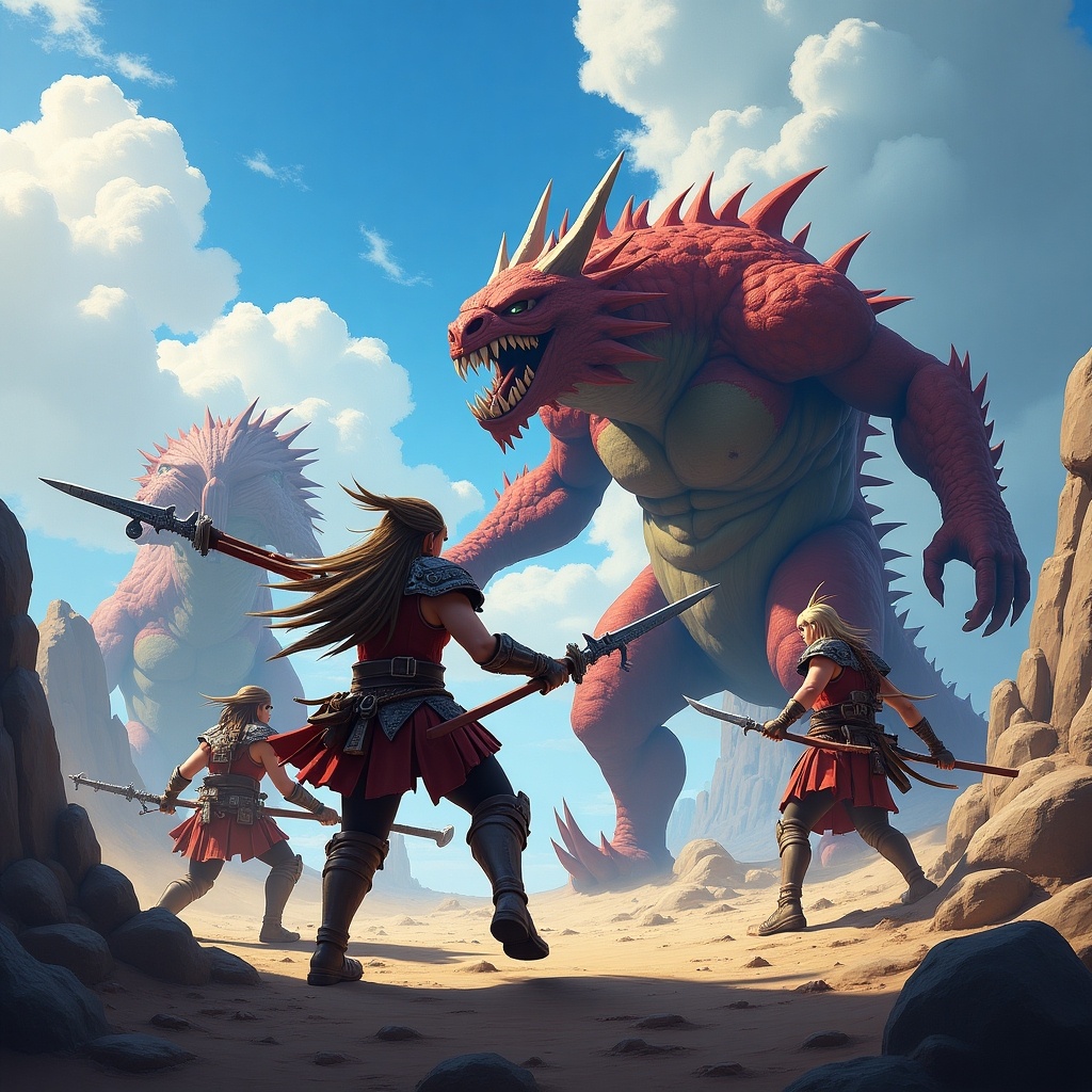 Vibrant desktop background showing characters battling greater monsters. Characters equipped with weapons and armor. Dramatic skies and rocky landscapes create an adventurous atmosphere. Viewers invited into a world of fantasy hunting.