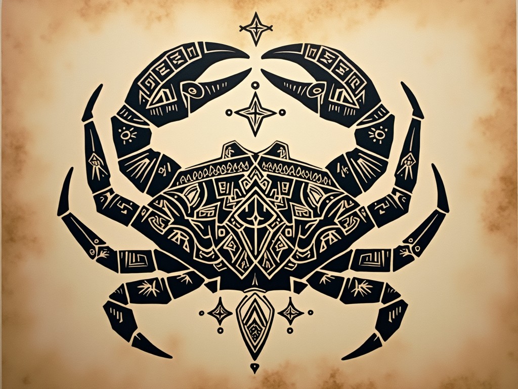 tribal style crab illustration with geometric patterns, symmetrical design, muted earthy colors