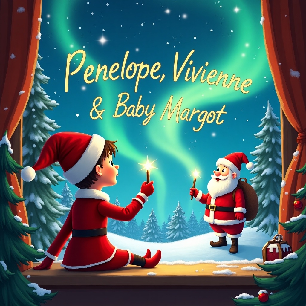 The image depicts an enchanting Christmas scene with an elf on the shelf seated by a window, facing the sky. The elf, dressed in a red costume, holds a magic wand and writes the name ‘Penelope, Vivienne & Baby Margot' in the air. In the background, there's a magical display of northern lights alongside Santa Claus, who is also using a wand for writing. The scene is filled with festive trees and shimmering snow, creating a whimsical atmosphere. It's a perfect illustration capturing the magic of Christmas and the joy of the holiday season.