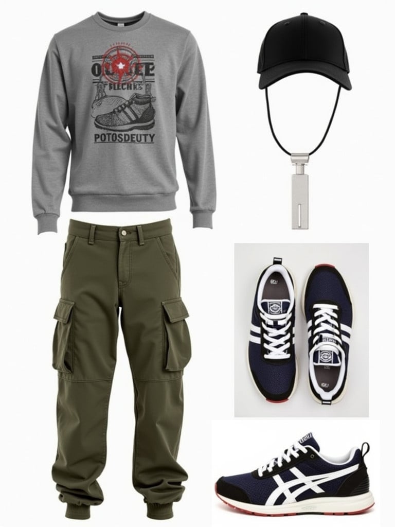 Outfit features casual elements for laser tag and arcade. Includes graphic t-shirt, cargo pants, sporty shoes, and a stylish cap. Designed for comfort and activity.