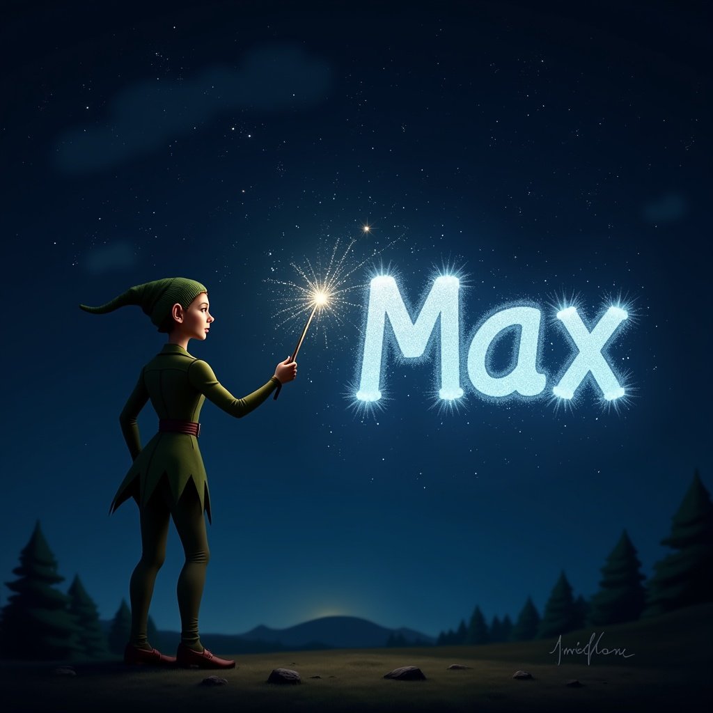 An elf stands in a dark forest at night, wielding a magical wand that glows brightly. They are using the wand to create the name 'Max' in sparkling letters against a starry background. The letters shine with a white and light blue hue, contrasting beautifully with the dark surroundings. This enchanting scene conjures a sense of wonder and invites viewers into a fantastical world. The elf's expression is focused and joyful, embodying the spirit of magic and creativity. Trees line the background, adding to the serene and mystical atmosphere.