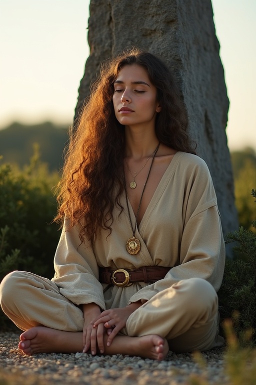 A woman meditates against a menhir. She wears a simple robe and a leather belt. A golden medallion hangs around her neck. Long curls frame her face. Dense shrubs frame the scene. Evening light casts warmth over her.