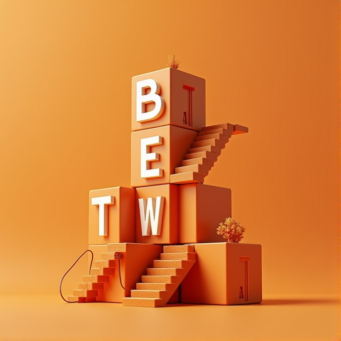 A stack of orange blocks with letters B, E, T, and W, adorned with stairs and small decorations on a monochromatic background.