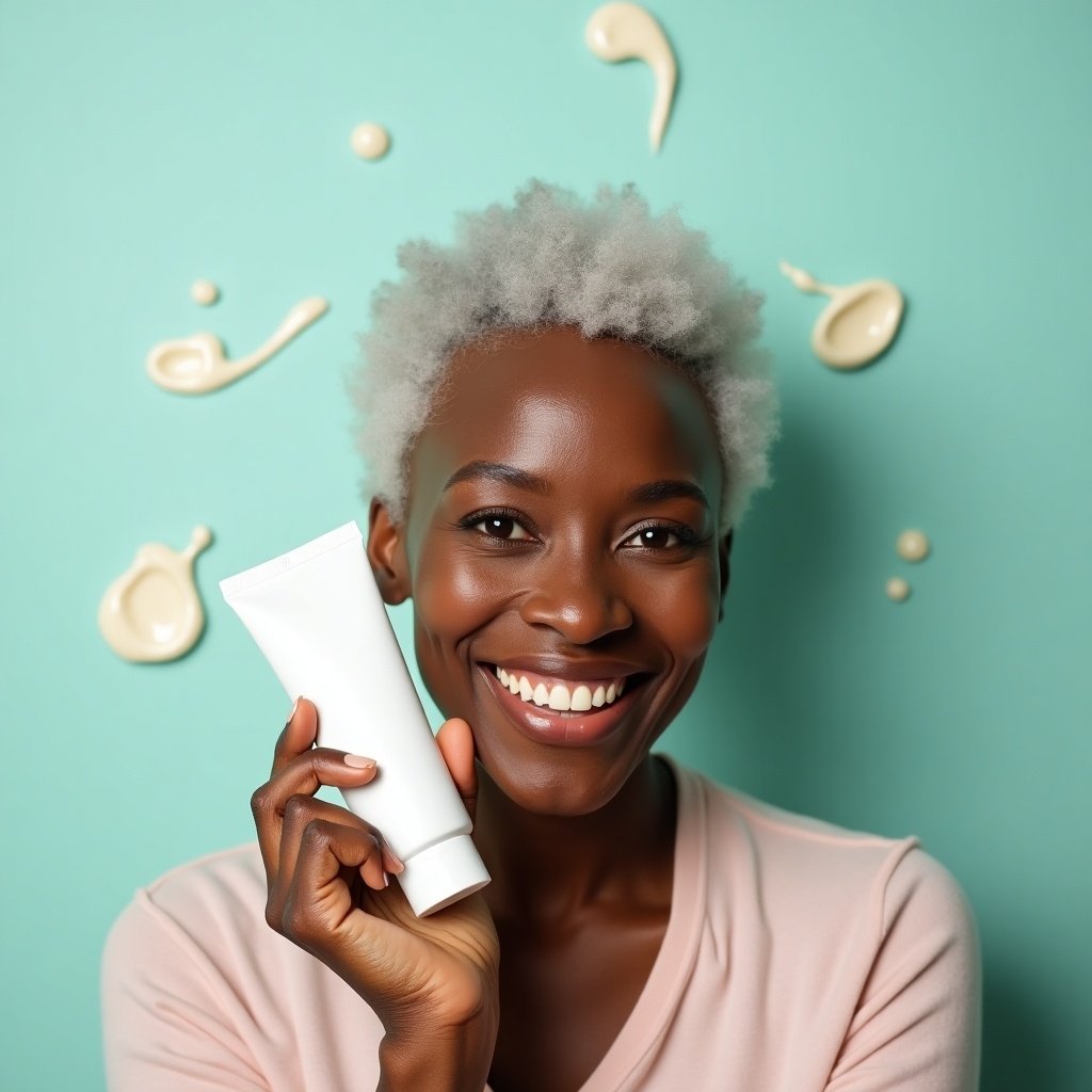 A joyful black woman with silver hair holds a white skincare product against a teal backdrop. She has a bright smile, showcasing her confidence and natural beauty. The background features playful creamy splashes that complement the skincare theme. The image radiates positivity and freshness, appealing to those interested in self-care and beauty. This representation emphasizes the importance of skincare for all ages, particularly for women embracing their natural beauty.