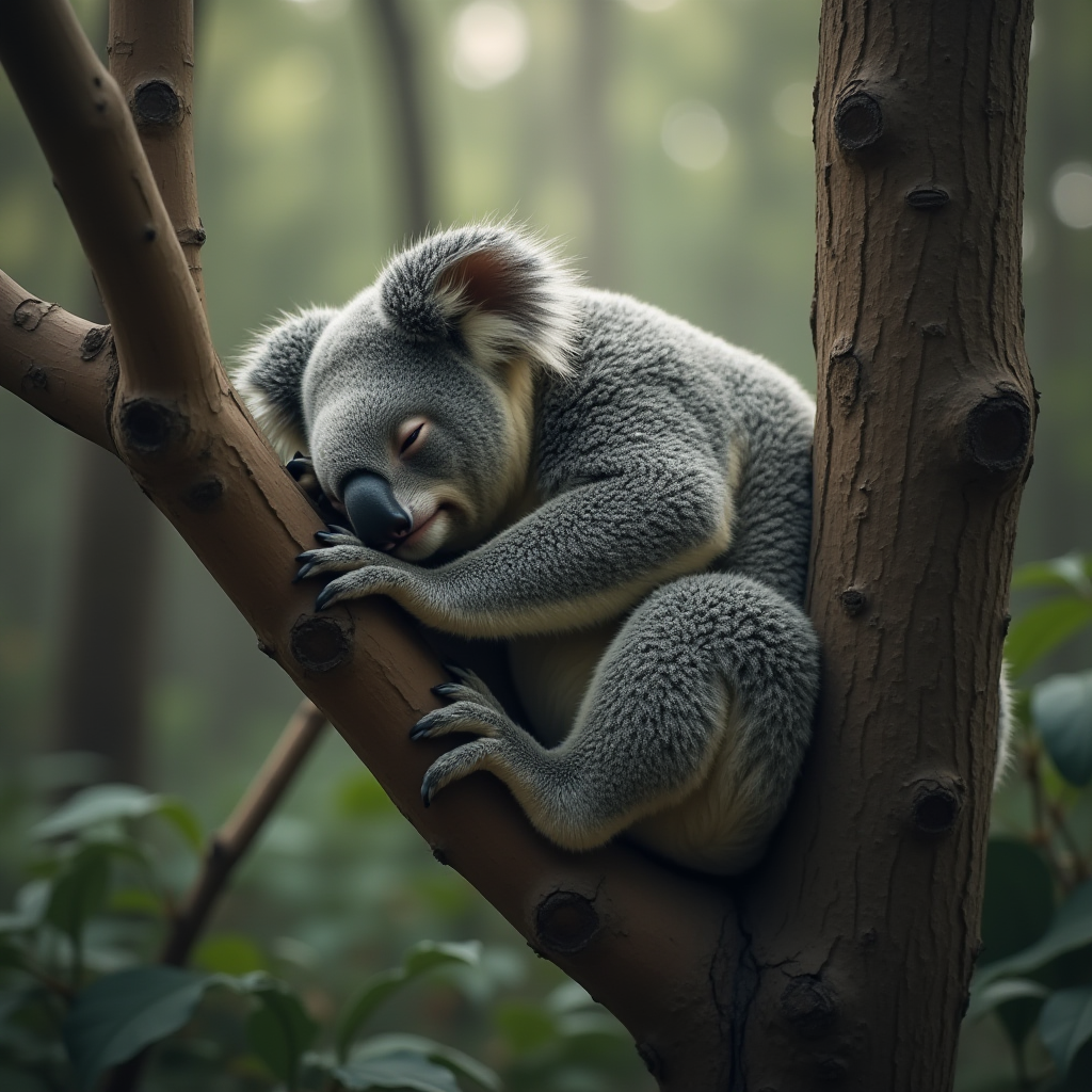 A koala is peacefully sleeping, nestled comfortably in the fork of a tree. Its gray fur appears soft and dense, with the small, fluffy ears slightly perked up. The koala's eyes are gently closed, and its black nose contrasts with the lighter fur around its face. The background is a lush, blurred forest, indicating a serene and natural environment. This tranquil scene highlights the koala's endearing nature and the calmness of its habitat.