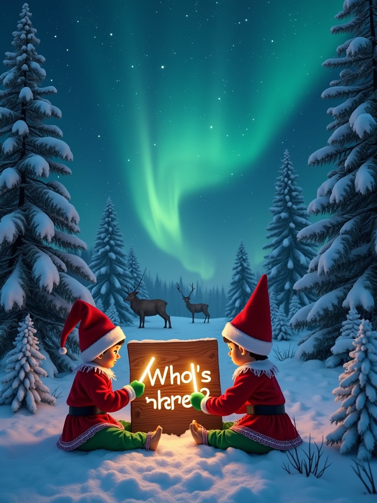 Two traditional elves sit in a snowy North Pole forest. They use glowstick wands to write on a wooden sign. The sign displays 'Who's here?'. A night sky with stars and northern lights glows above them. The elves are in festive outfits with snow-covered pine trees around. A reindeer appears in the background.