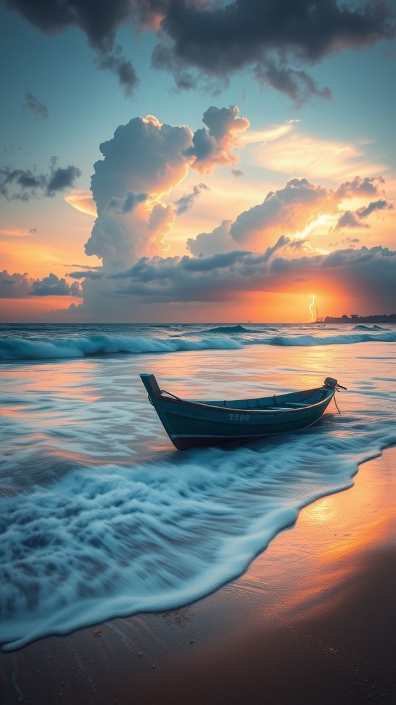 This atmospheric image captures a small boat resting on a beach as waves gently lap around it. In the background, a dramatic sky with towering cumulus clouds is illuminated by a setting sun, casting warm tones across the scene. A bolt of lightning can be seen striking in the distance, adding a sense of dynamic energy to the otherwise tranquil setting.