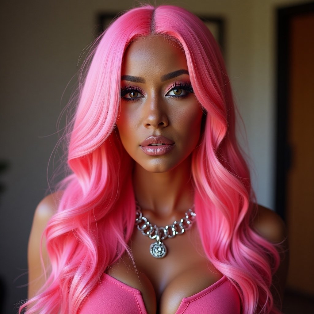 Fashion model with long pink hair. Wearing a deep neckline outfit. Adorned with a statement necklace. Bright and vibrant colors.