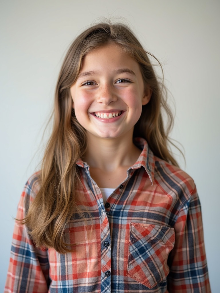 Image features a girl around 18 years old. She has long hair and wears a plaid button-up shirt. Background is plain. Lighting is soft. Girl has a cheerful demeanor. She represents youth and vibrancy.