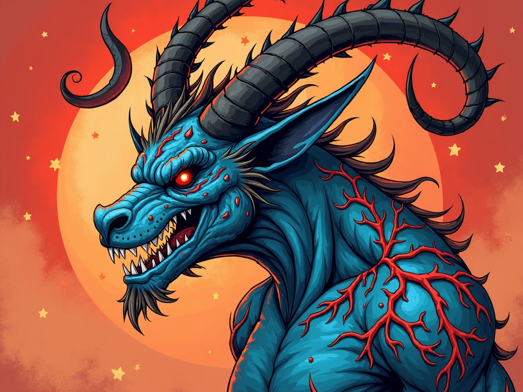 A fierce blue demonic creature with red glowing eyes and large horns against a fiery orange moon backdrop, surrounded by stars.