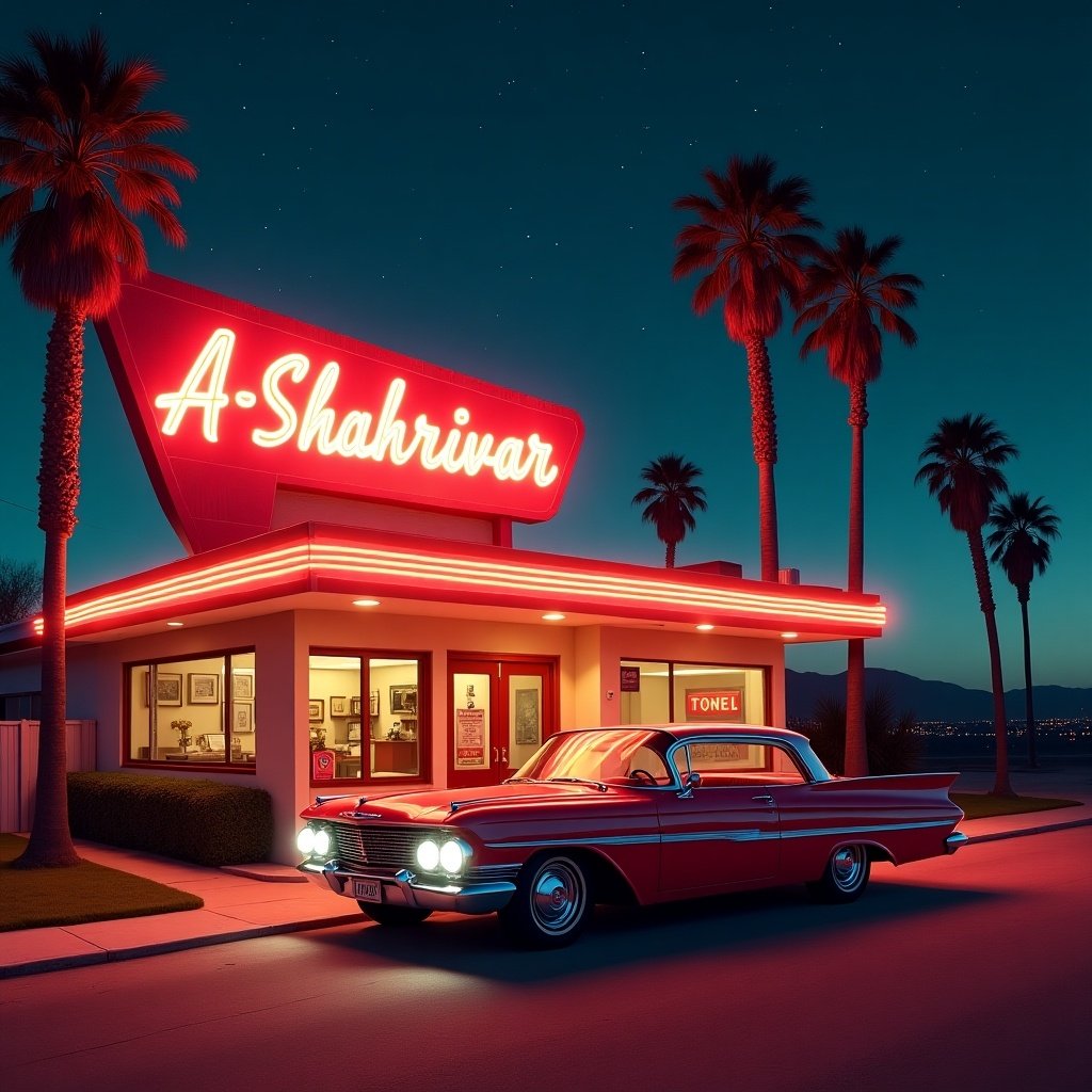 The image shows a vintage motel called A-Shahrivar. Neon signs illuminate the building at night. A red vintage car is parked in front with headlights on. Tall palm trees are in the background under a clear starry sky. The colors include vibrant red and orange with soft blues. The scene feels adventurous and nostalgic.