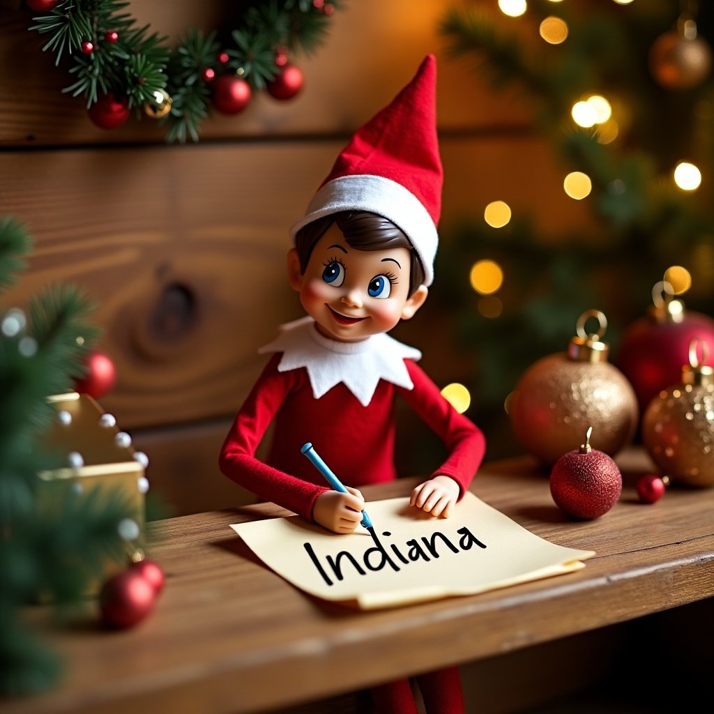 A cheerful Elf on the Shelf character is engaged in writing on a piece of paper. The elf is dressed in a classic red outfit with a white collar and a pointed hat. The paper displays the word ‘Indiana’ clearly. In the background, there are festive decorations including a glowing Christmas tree and ornaments. The scene has a warm and inviting atmosphere, ideal for capturing the magic of the holiday season. Soft, warm lights enhance the cozy feel of the setting. This image embodies the charm of holiday traditions and the joy of writing letters to Santa.