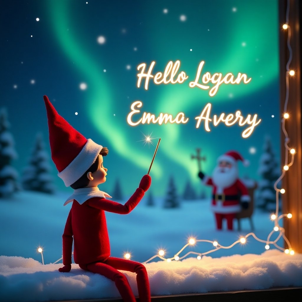 Elf backs to image. Elf faces sky. Elf uses wand to write names. Background is magical Christmas scene. Northern lights visible. Santa Claus appears. Names Logan, Emma, Avery written in sky.