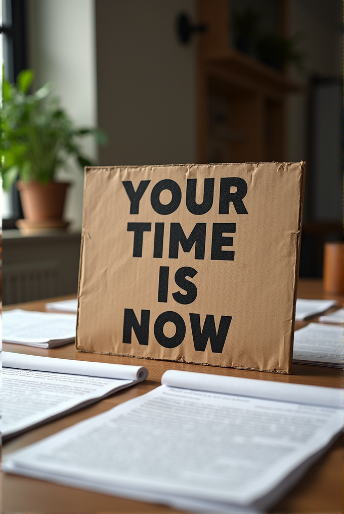 A cardboard sign with "YOUR TIME IS NOW" stands on a table surrounded by documents, with a potted plant in the background.