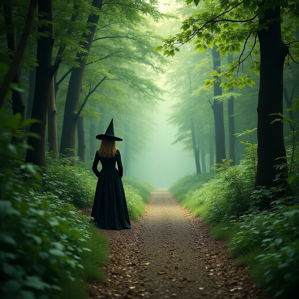 Dreamy enchanted forest path with lush greenery and vintage witch standing on the left. Depict serene mystical atmosphere.