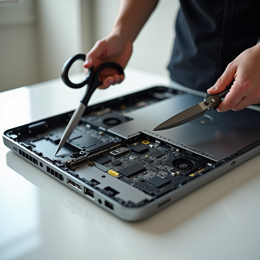 An open laptop being uniquely disassembled with scissors and a knife, showcasing a creative approach to tech repairs.