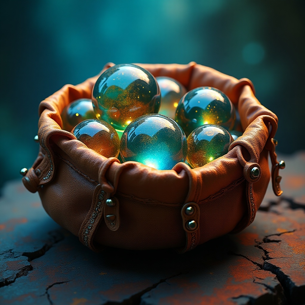 A hyper-realistic rendering of ornate glass marbles nestled in a leather pouch. Marbles feature iridescent colors and glow with inner light. The pouch shows wear and has intricate golden brocade. The environment is deep blue with golds and coppers, reminiscent of a sunken treasure.