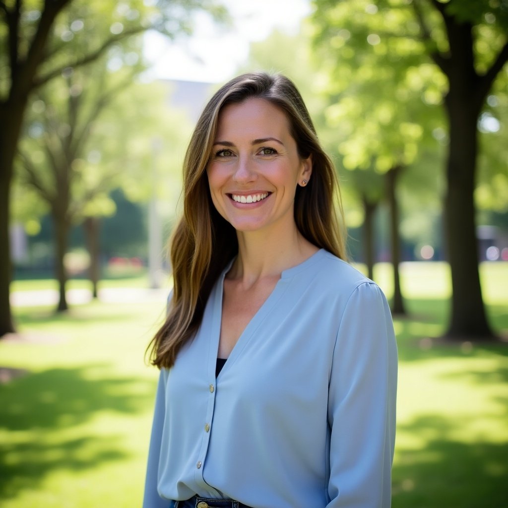 A woman standing outdoors in a park. She has long brown hair and is smiling at the camera. She wears a light blue blouse with buttons. Green trees surround her.