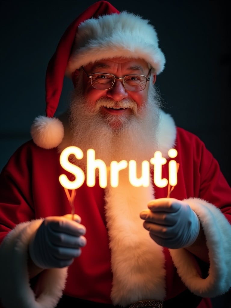 Santa Claus in red suit holds glow stick with name 'Shruti'. Dark background highlights bright glow. Jolly expression showcases holiday cheer. Festive scene evokes magic of Christmas.