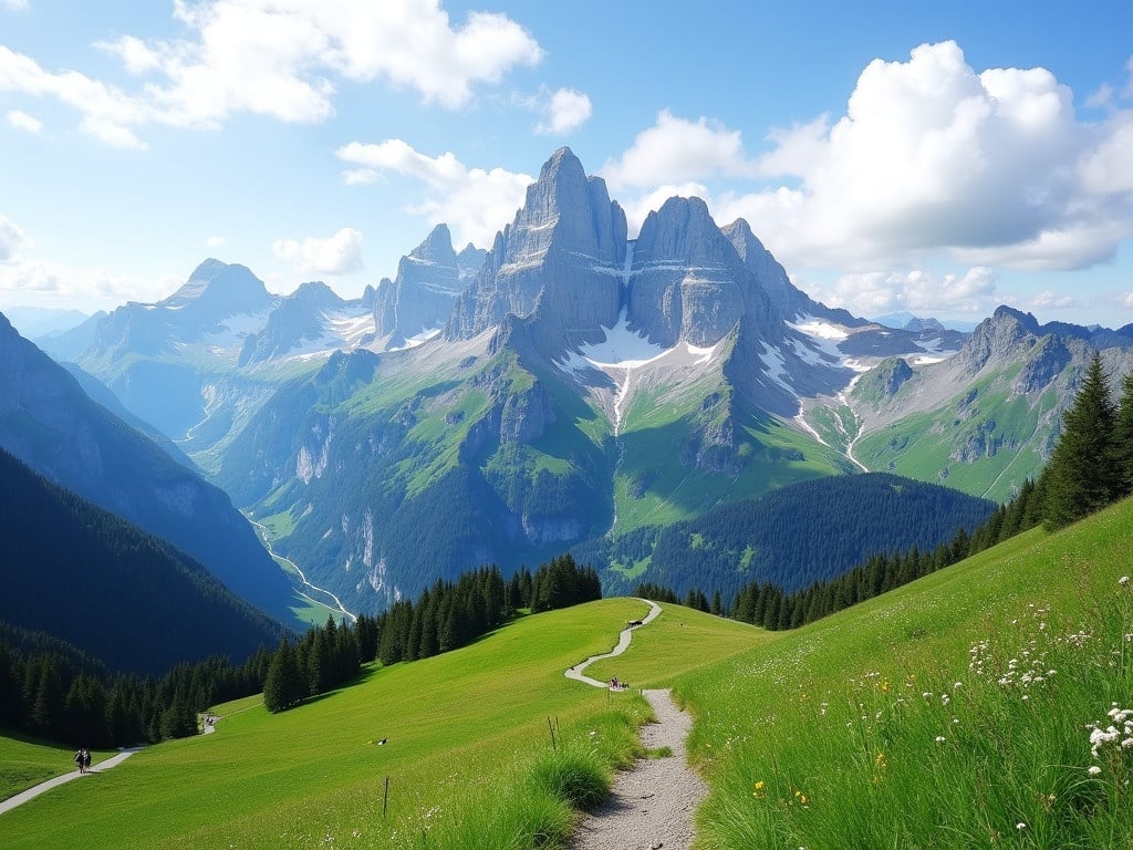 Scenic landscape of Mount Pilatus in Switzerland. Lush green hills lead to mountainous backdrop. Blue sky scattered with clouds. Pathway winding through meadows. Majestic peaks dominate the horizon.