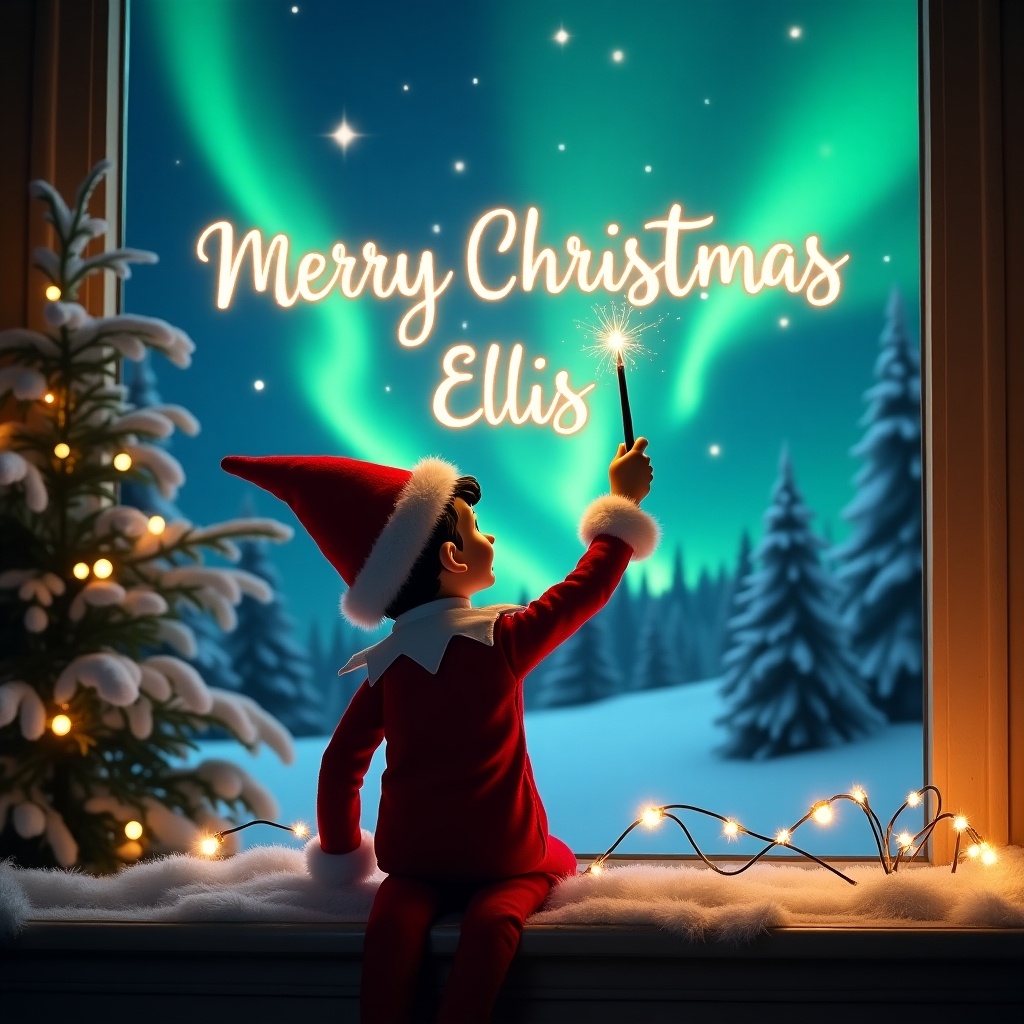 Enchanting Christmas scene featuring an elf on the shelf. The elf wears red and white and holds a magic wand. He writes 'Merry Christmas Ellis' in glowing script. The backdrop has vibrant northern lights. Scene portrays the spirit of Christmas with whimsical touch. Elf's position adds wonder and joy.