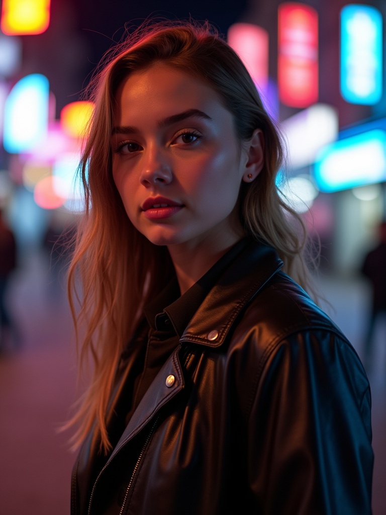 Young woman stands confidently on a bustling night street. Vibrant neon signs glow in the background. Her expression is captivating. Warm lighting highlights her face. Urban setting creates dynamic energy.