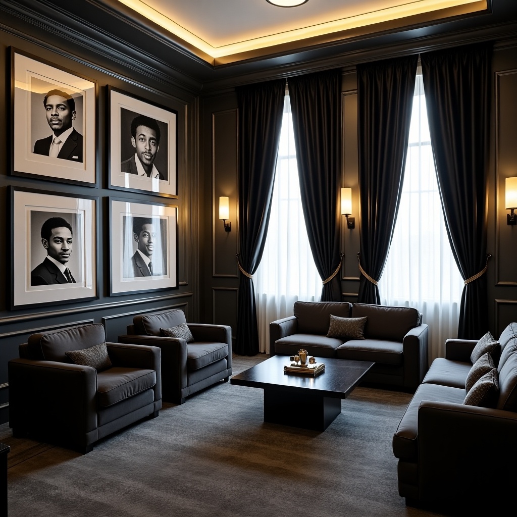 This is an elegant room featuring a tasteful combination of black and white elements. The walls are adorned with framed black and white photos of African American graduates, showcasing educational achievements. The room has a sophisticated feel with dark, flowing drapes that complement the overall aesthetic. A black coffee table sits at the center of a cozy seating area, creating an inviting space for conversation. Soft lighting enhances the room's warmth and elegance, emphasizing its modern design.